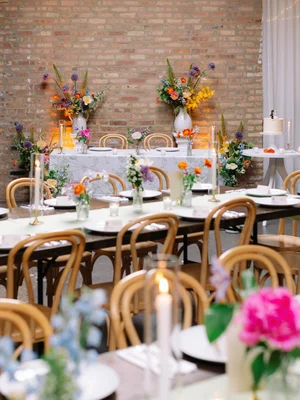 Reception room with colorful wildflower arrangements