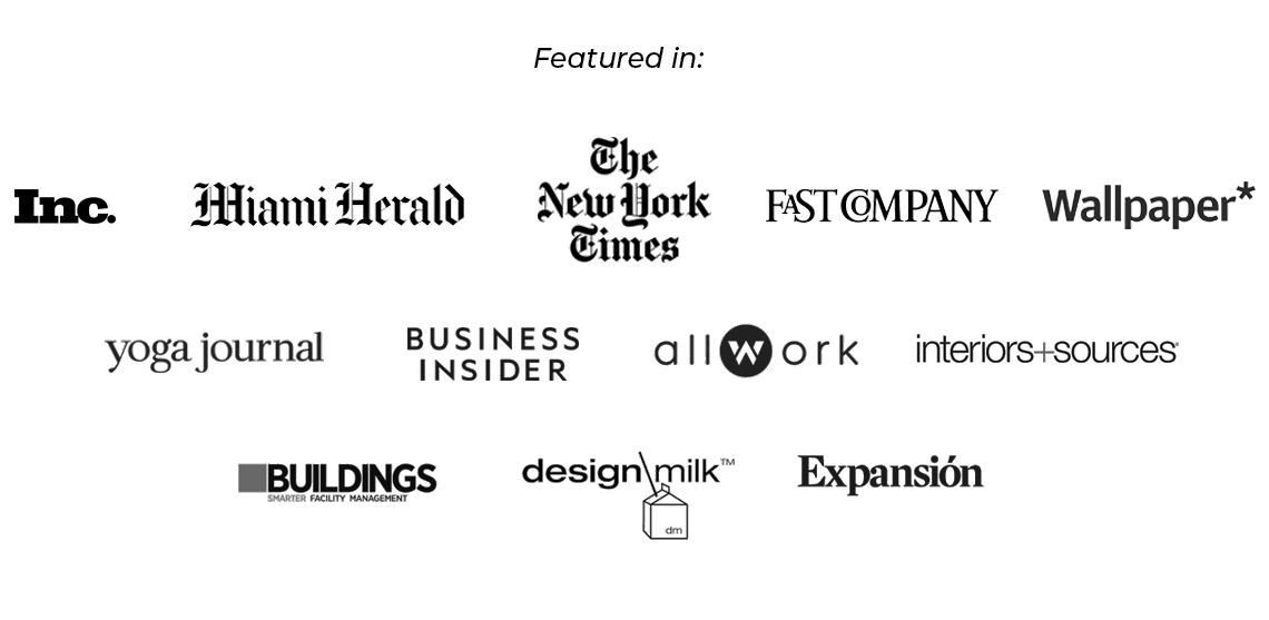 Press logos: Inc., Miami Herald, The New York Times, Fast Company, Wallpaper, Yoga Journal, Business Insider, Allwork, Interiors+Sources, Buildings, Design Milk, Expansion