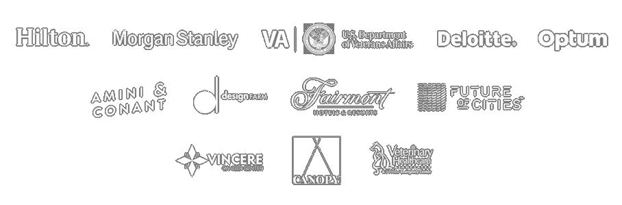 Client logos: Hilton, Morgan Stanley, U.S. Department of Veterans Affairs, Deloitte, Optum, Amini & Conant, DesignFarm, Fairmont, Future of Cities, Vincere, Canopy, Veterinary Health Board