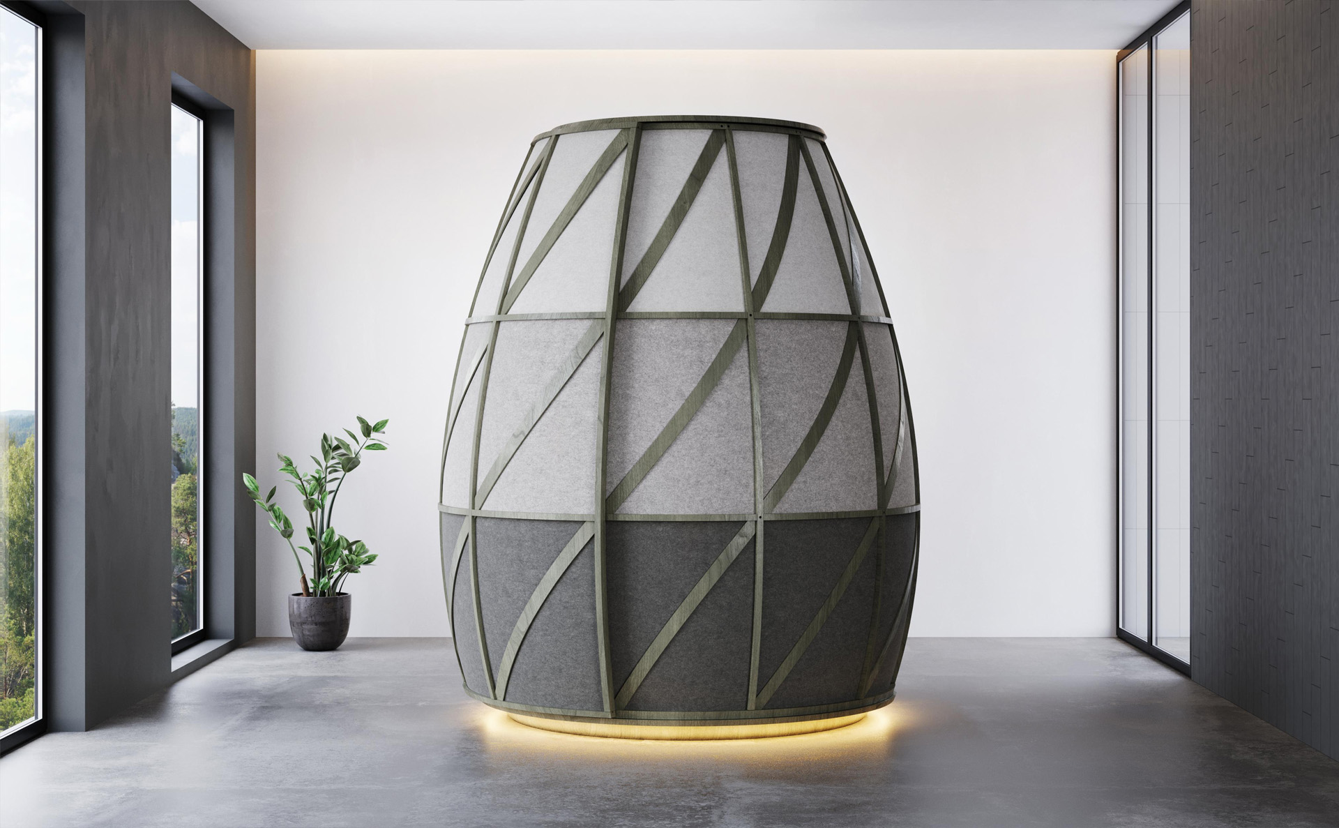 3D render of the LOTUS meditation pod in a modern minimalist room with amber base lighting