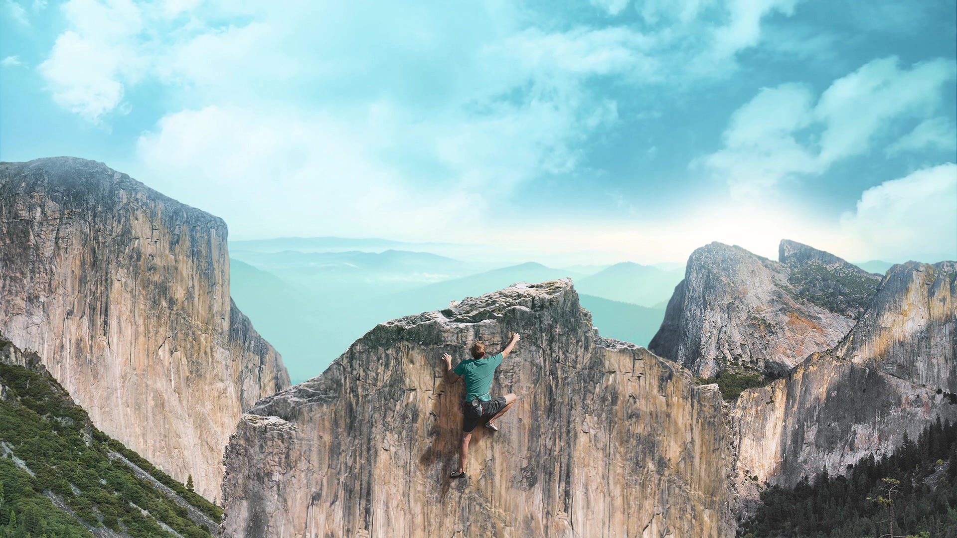 Rock climber ascending a sheer cliff face in a mountain valley