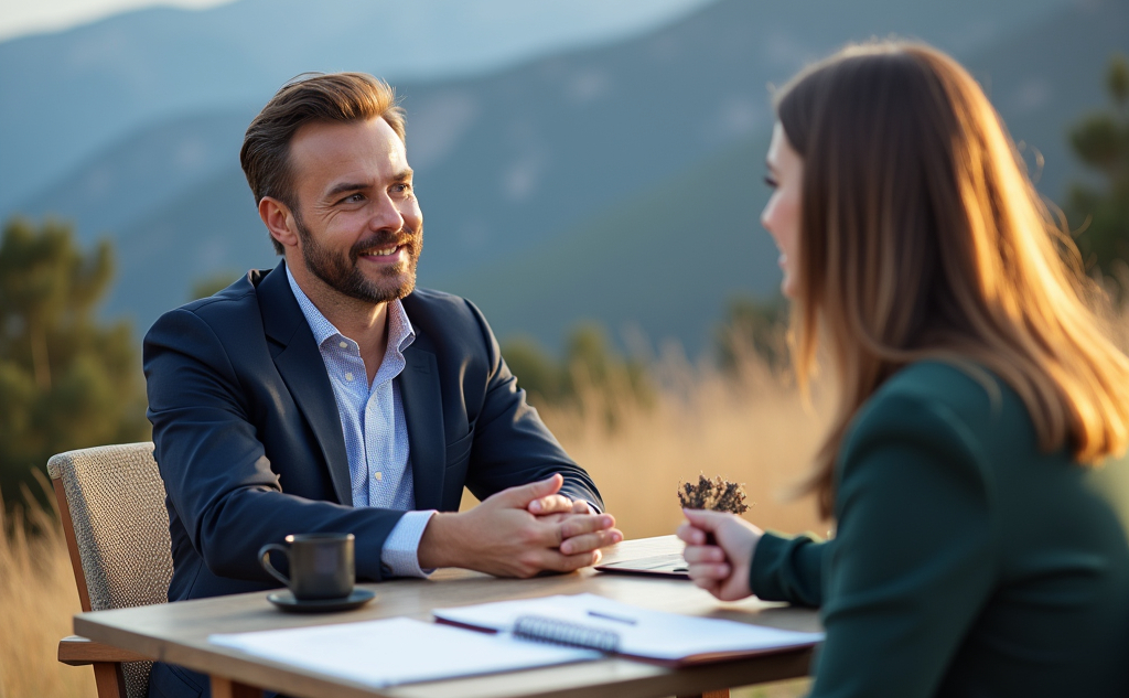 Consultant meeting with a client at an outdoor table, mountains in background