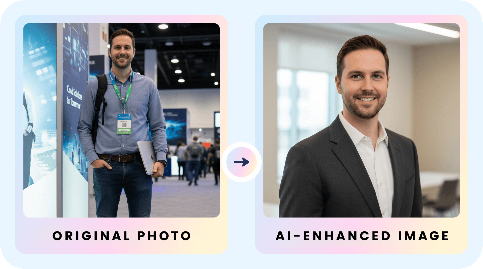 Before and after: a man at a trade show transformed into a professional AI headshot