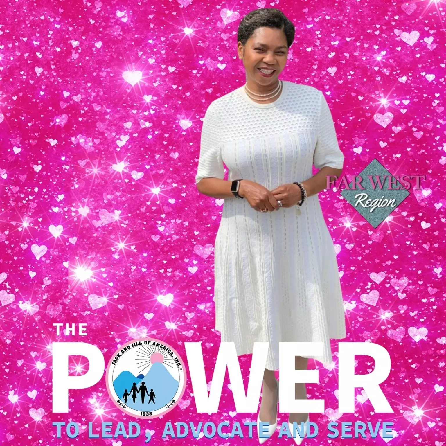 Woman in white at the Jack and Jill of America photo booth on a pink heart background