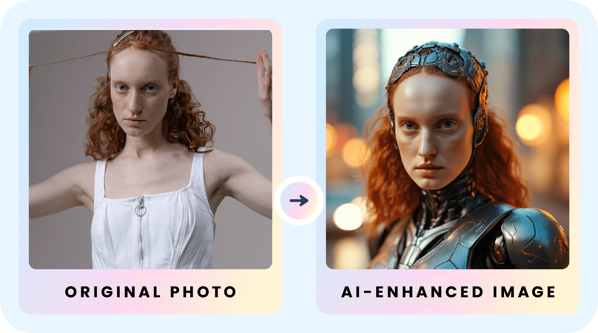 Before and after: a woman's portrait transformed into an AI cyborg superhero
