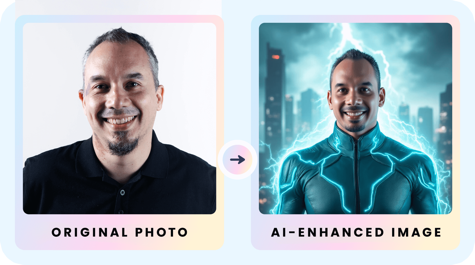 Before and after: a man's headshot transformed into a lightning-powered superhero