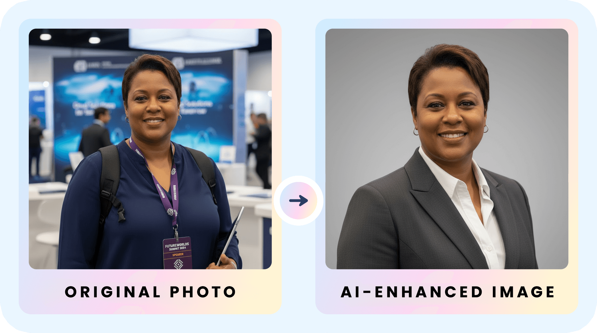 Before and after: a woman at a trade show transformed into a polished corporate AI headshot