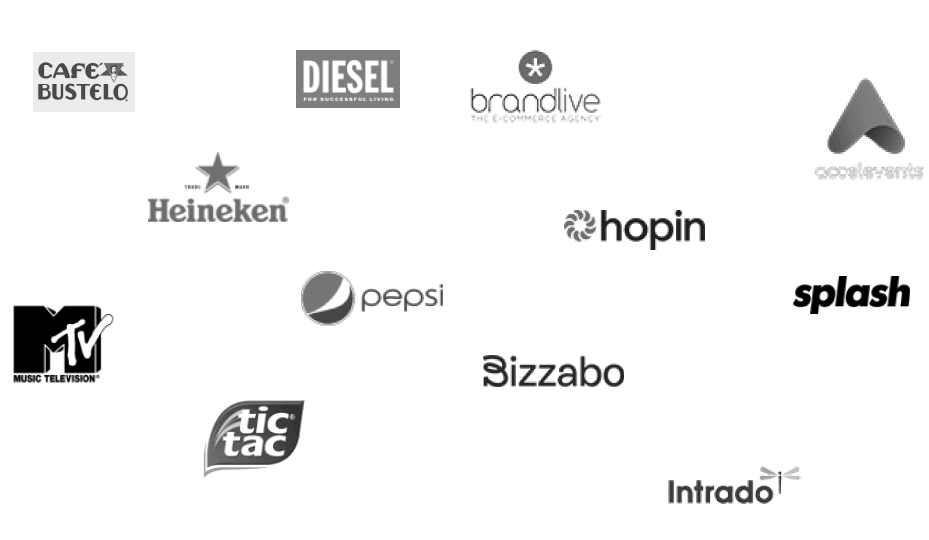 Grayscale collage of brands and platforms OutSnapped has worked with, including Pepsi, MTV, Heineken, Diesel, Tic Tac, Cafe Bustelo, Hopin, Intrado, Splash, Brandlive and Accelevents
