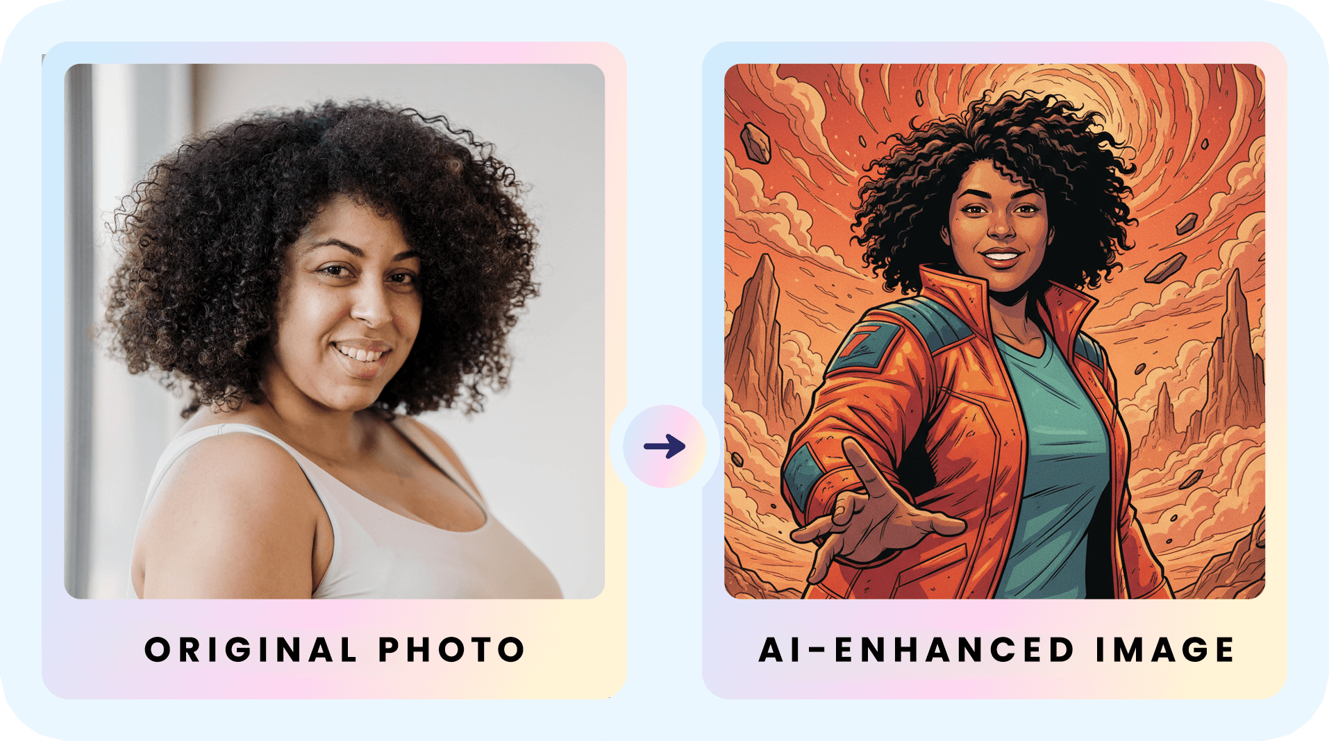 Before and after: a woman's photo transformed into a comic-book hero illustration