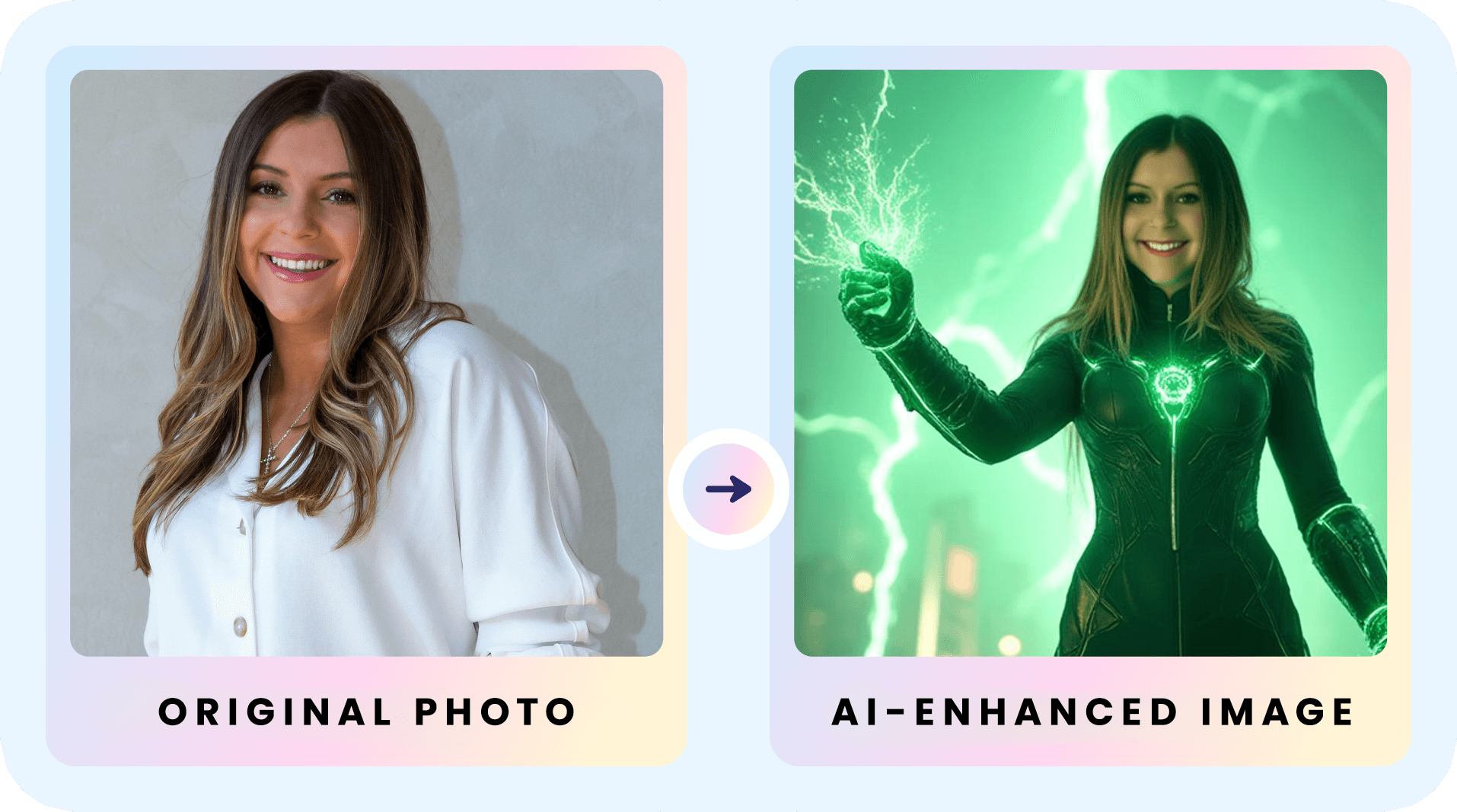 Before and after: a woman's portrait transformed into a superhero in a green energy suit