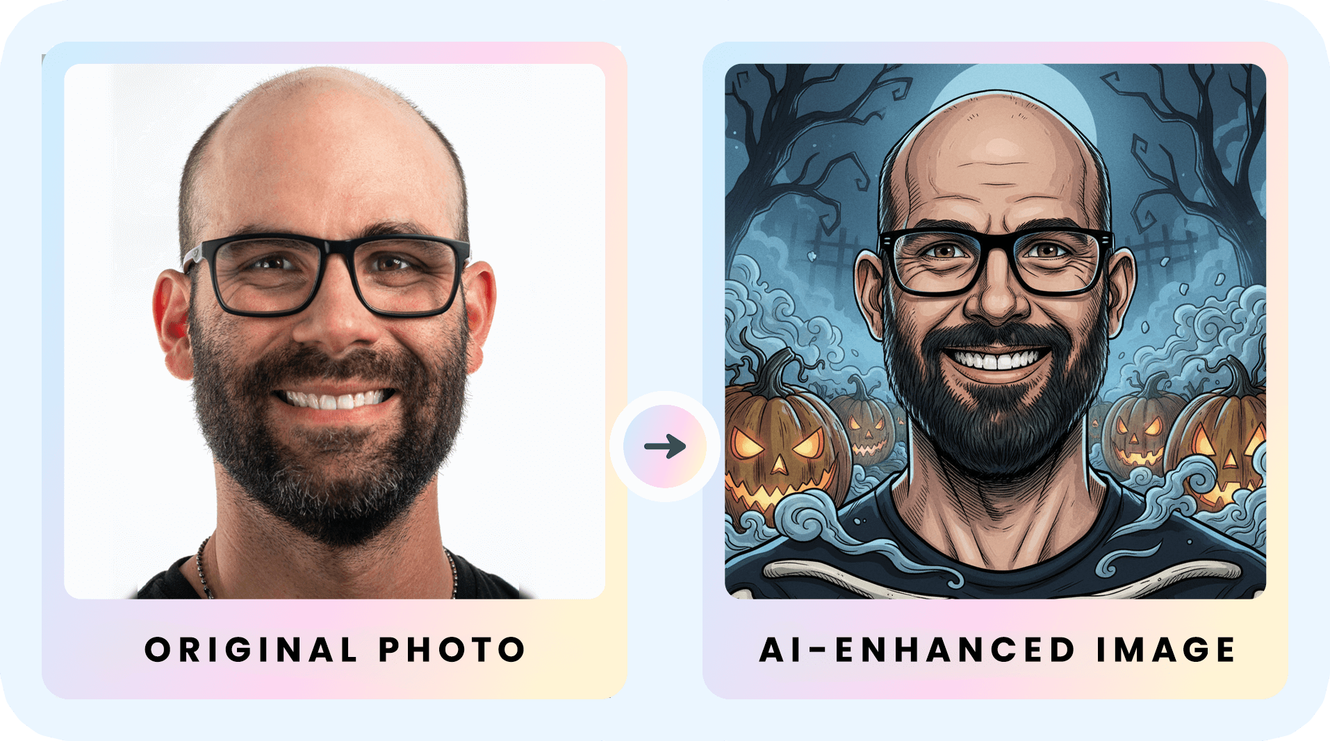 Before and after: a bald man with glasses transformed into a Halloween pumpkin illustration