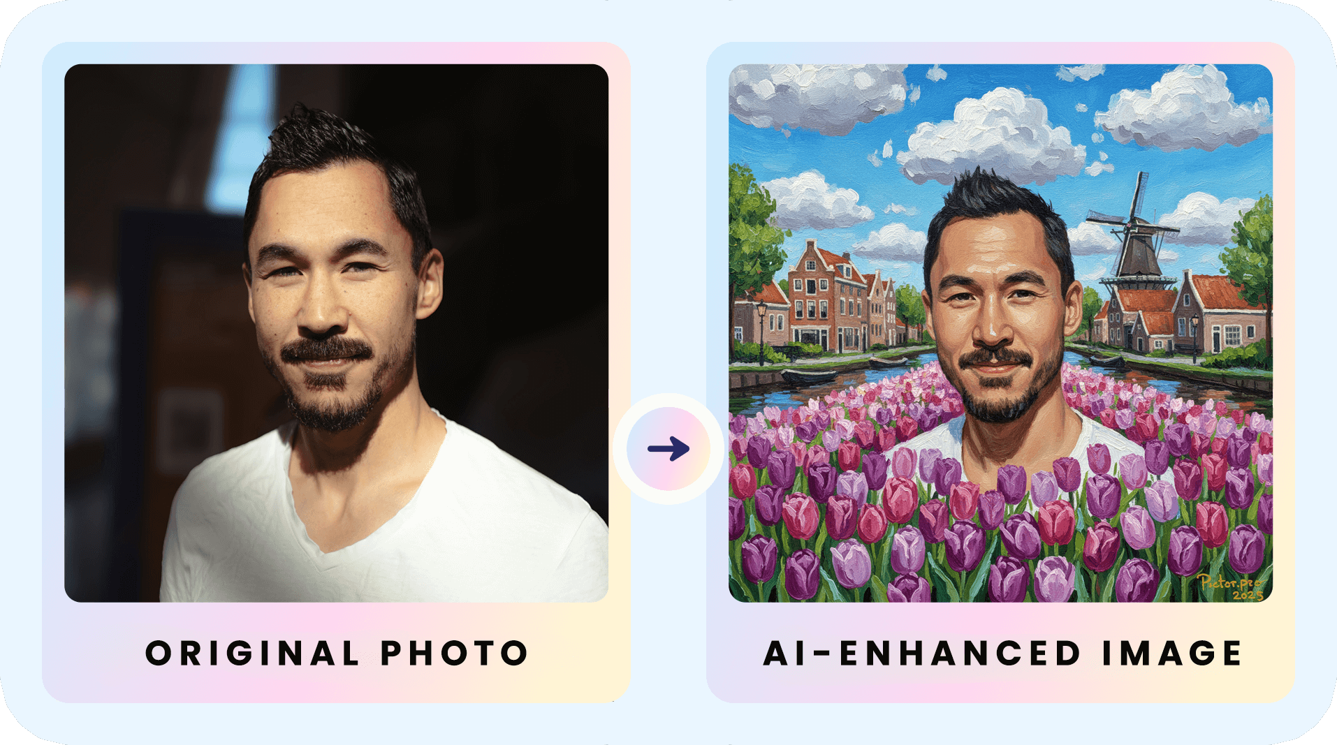Before and after: a man's portrait transformed into a Dutch oil painting with windmills and tulips