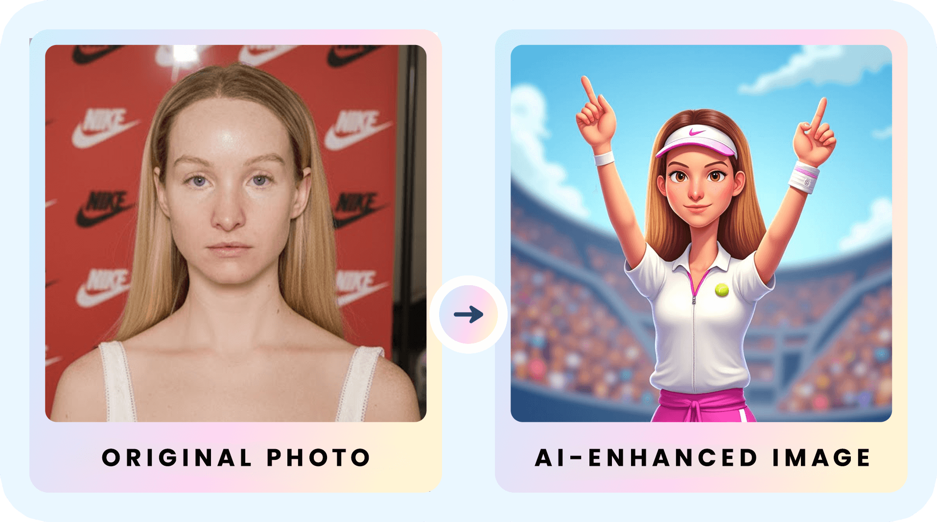 Before and after: a woman at a Nike booth transformed into an animated tennis sports avatar
