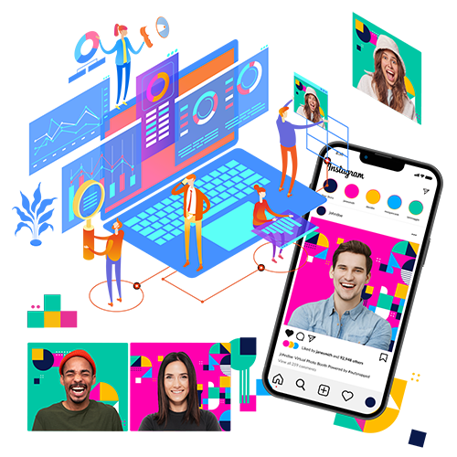 Isometric illustration of a social-media analytics dashboard for photo booth engagement