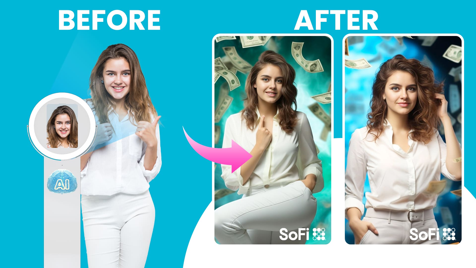 SoFi AI Photo Booth before-and-after: a woman's original photo transformed into a styled AI portrait on phone screens