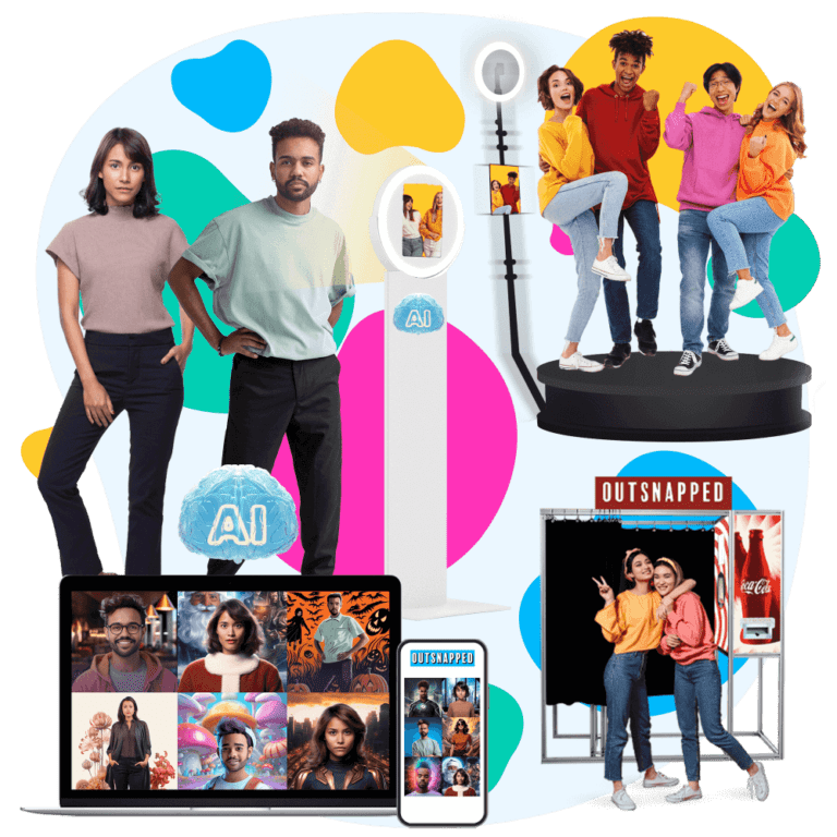 OutSnapped product collage of AI photo booth kiosks, a 360 booth, and branded photo outputs