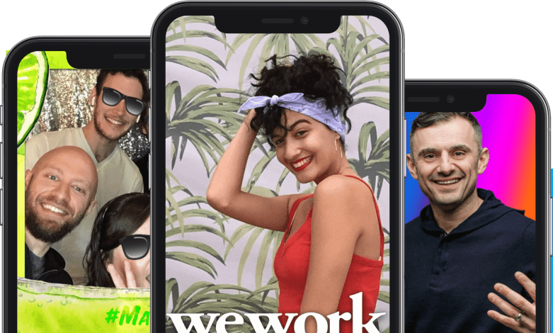 Three iPhone mockups showing OutSnapped photo booth outputs including a WeWork branded portrait