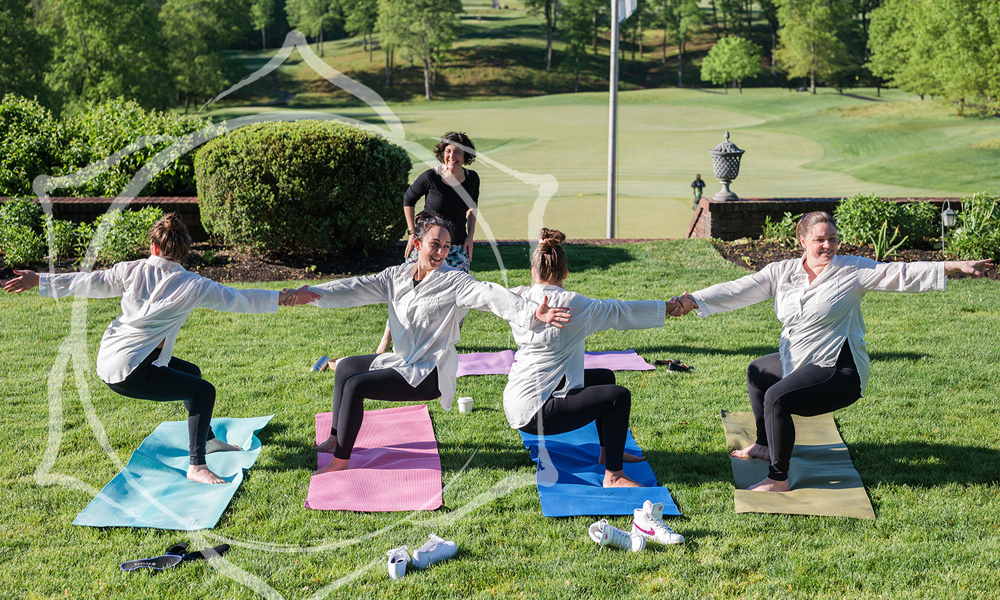 Outdoor yoga class on a lawn with students in warrior pose and an instructor
