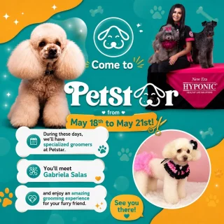 PetStar event graphic announcing grooming days May 18–21 with groomer Gabriela Salas and Hyponic