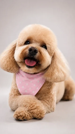 Freshly groomed apricot poodle with a pink polka-dot bandana
