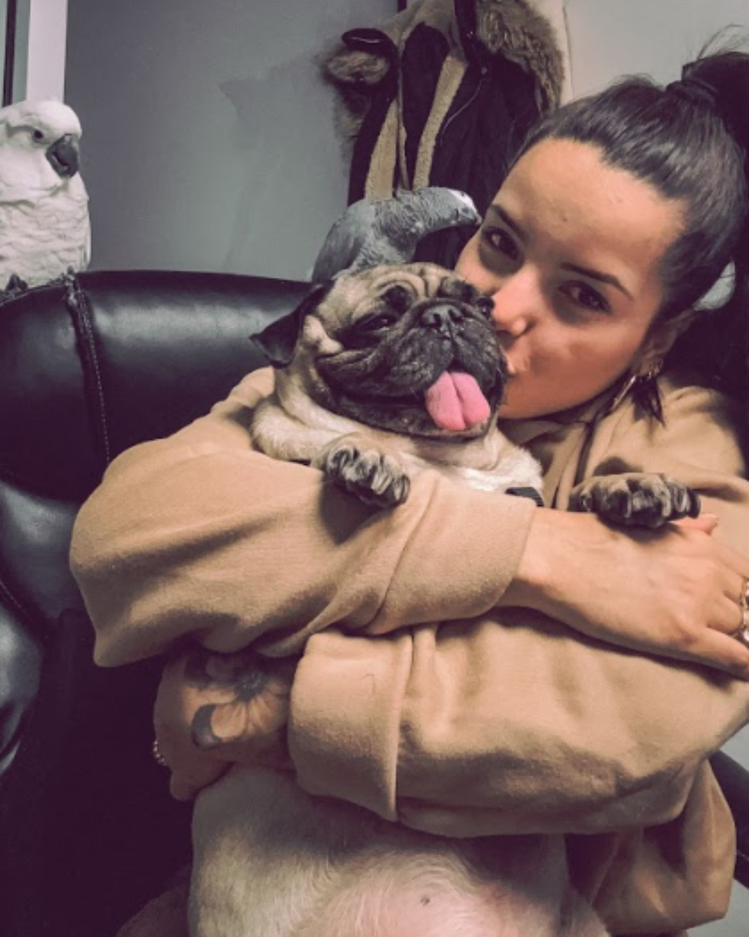 Young woman with dark hair kissing her pug