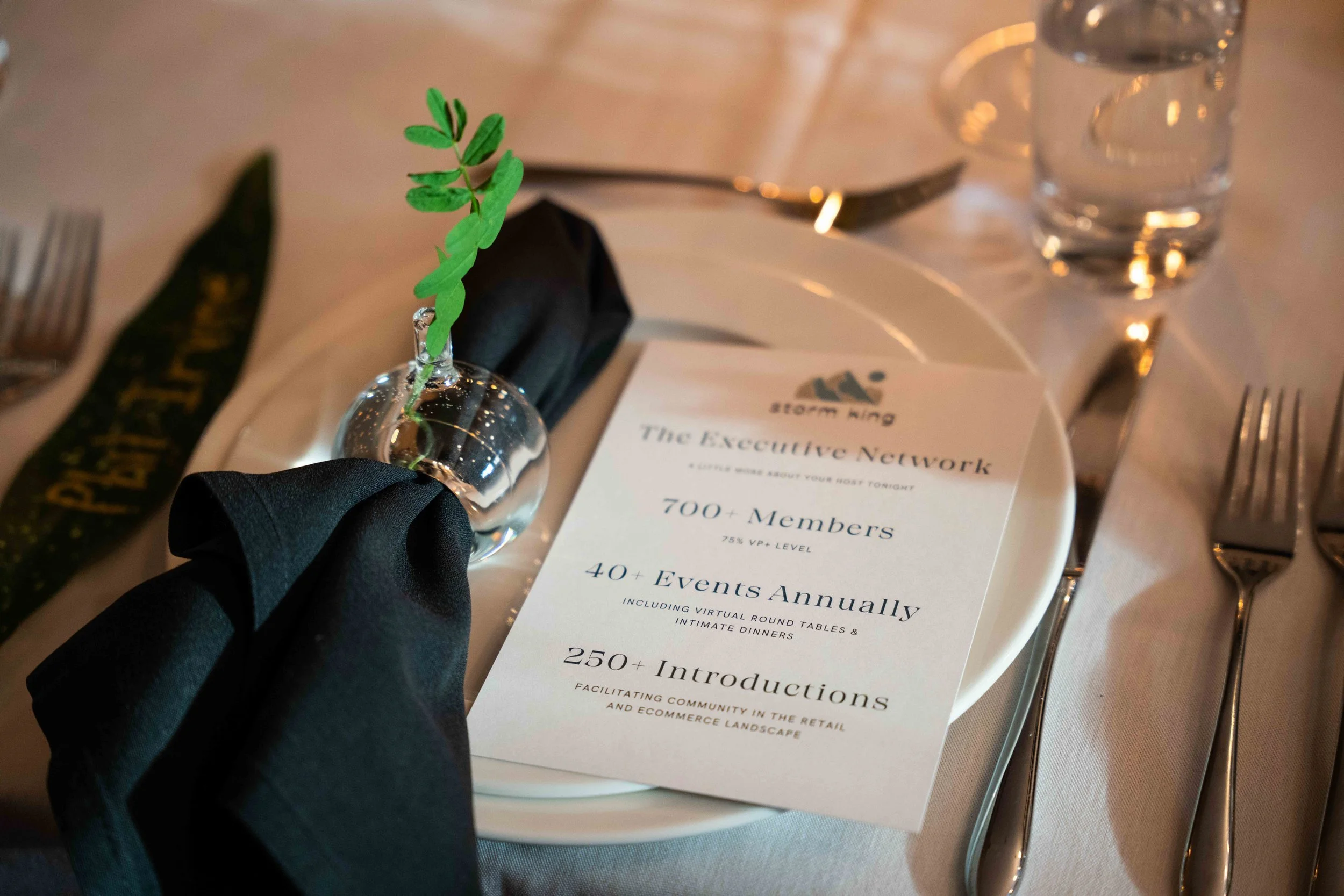Place setting with a Storm King Executive Network dinner menu, black linen napkin and bud vase