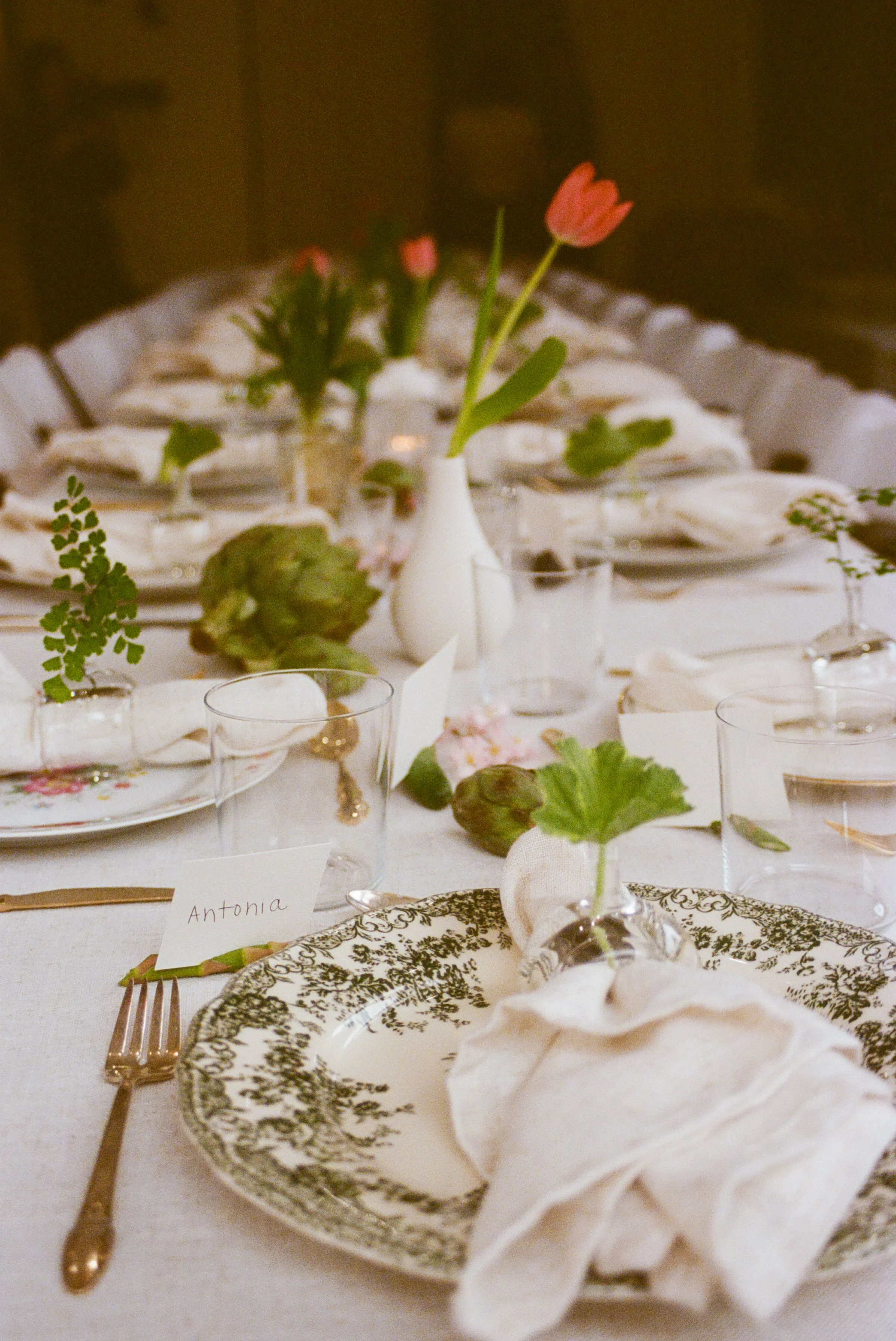 Spring table with green toile plates, tulips, an 'Antonia' name card and artichokes