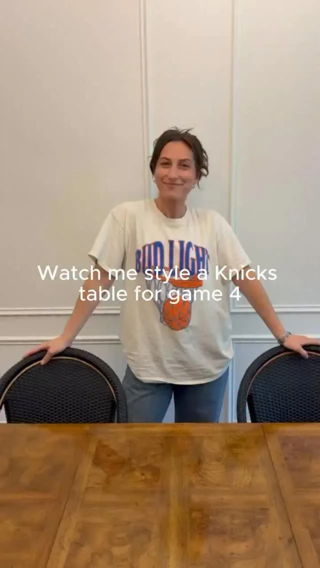 Instagram reel: styling a Knicks-themed table for game 4