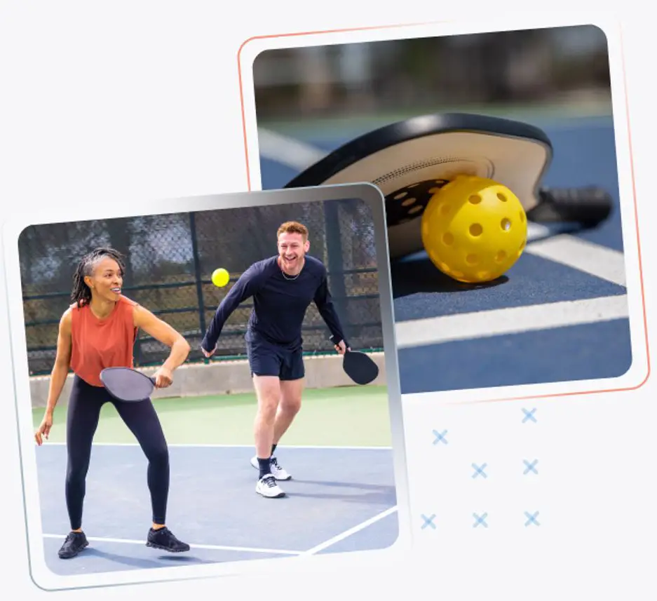Two players rallying on an outdoor pickleball court, alongside a close-up of a paddle and yellow pickleball