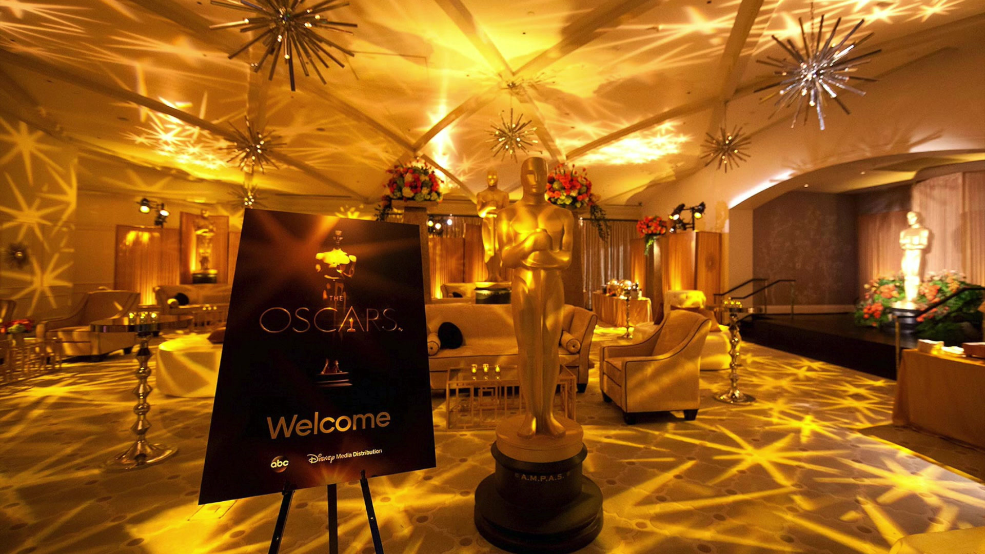 Elegant golden Oscars event build styled by Pink Elephants Inc.