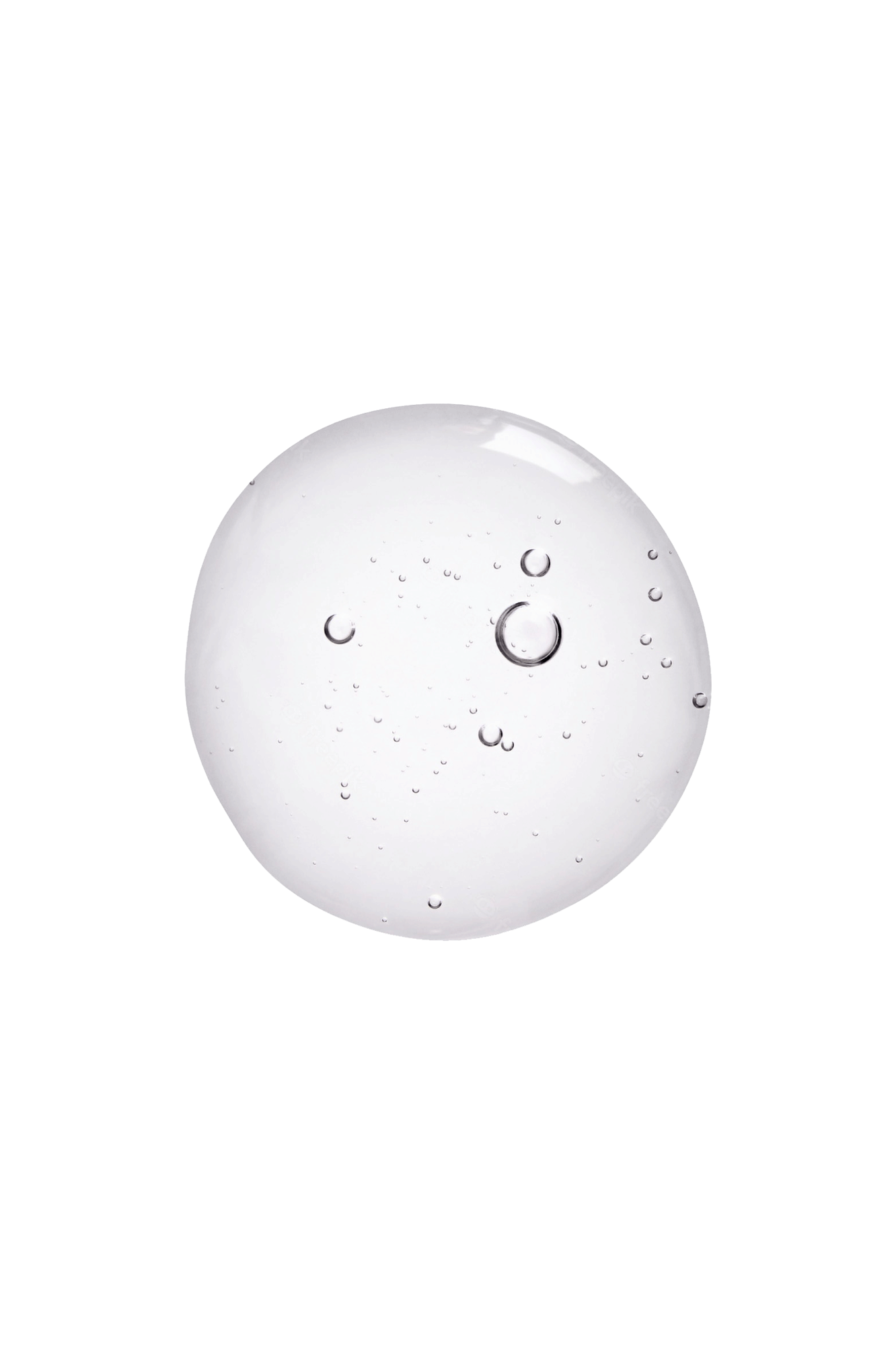 Macro photograph of a translucent gel droplet with tiny air bubbles