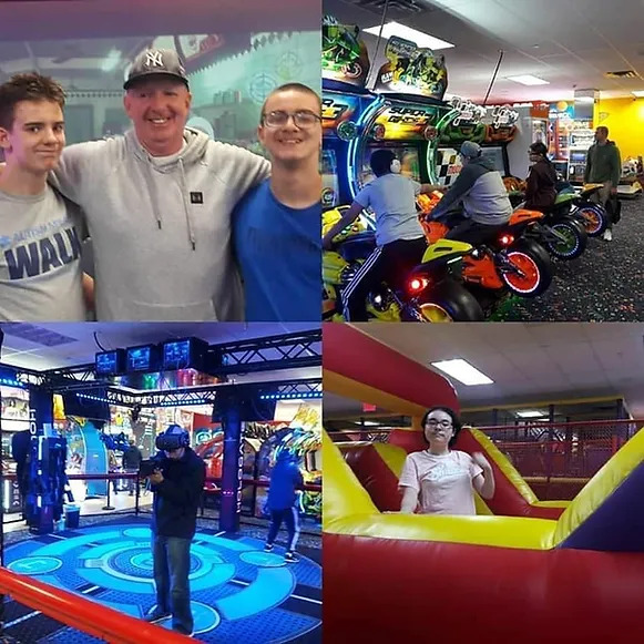 Four-panel collage of kids and adults at an indoor arcade venue with VR, motorcycle games, and a bounce house