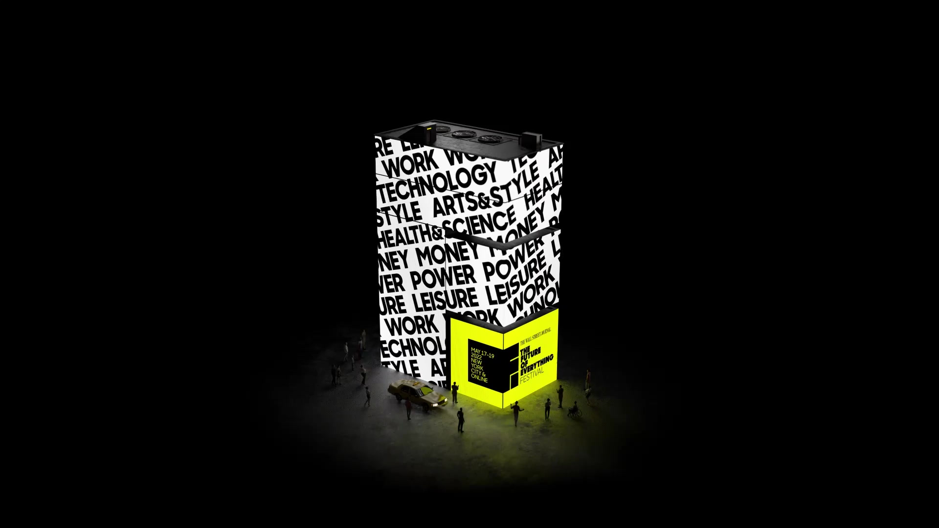 3D typographic cube installation with a crowd — WSJ Future of Everything Festival still