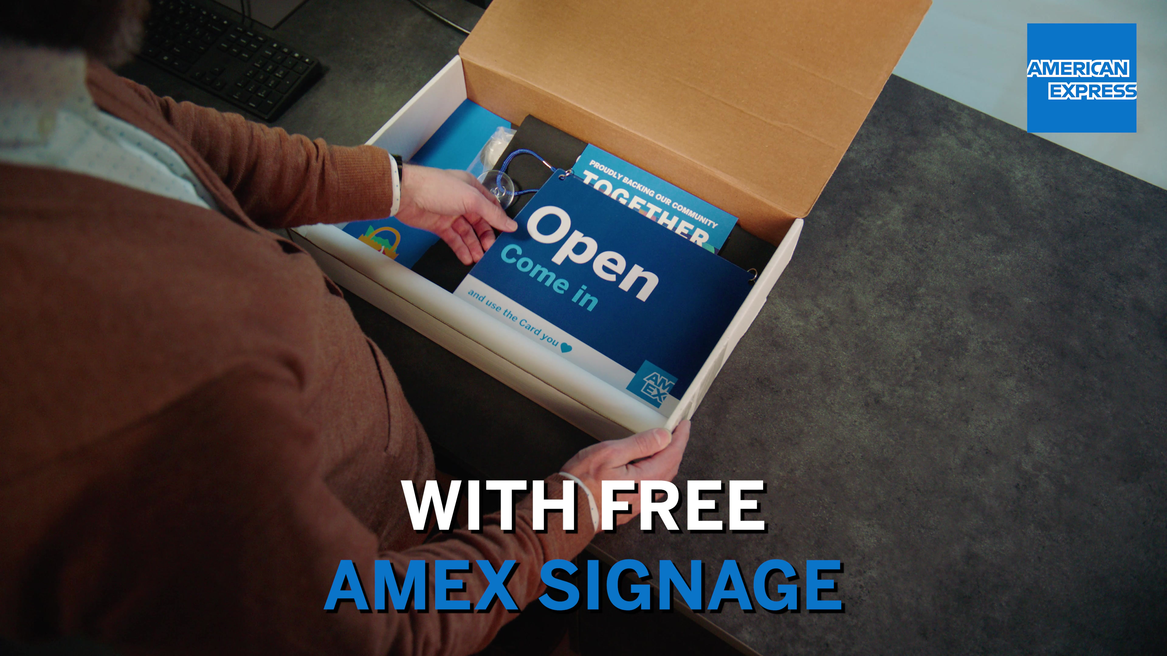 American Express 'Open — Come In' branded signage — AMEX Small Business still