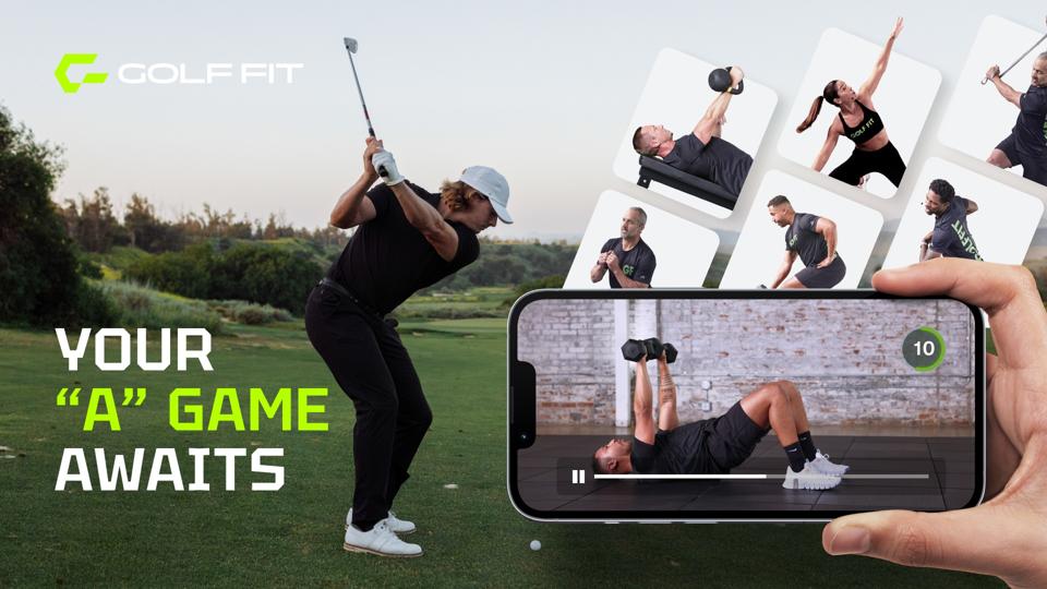 Golf Fit app promotional composite with a golfer mid-swing, a phone showing a workout video and a grid of trainers