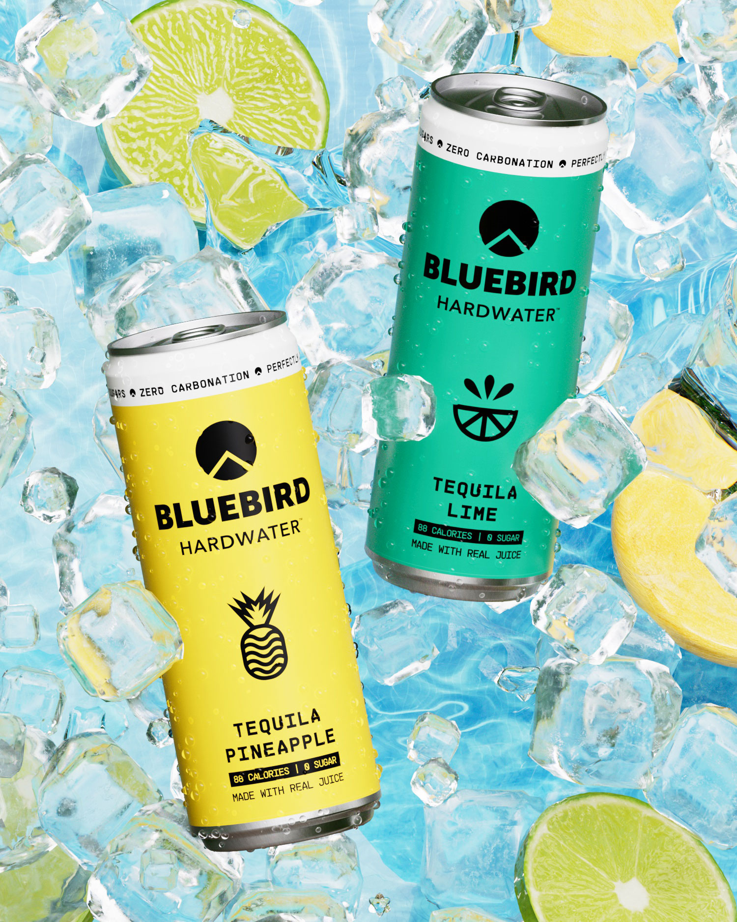 Two Bluebird Hardwater canned tequilas, Pineapple and Lime, on ice with citrus slices on a blue background