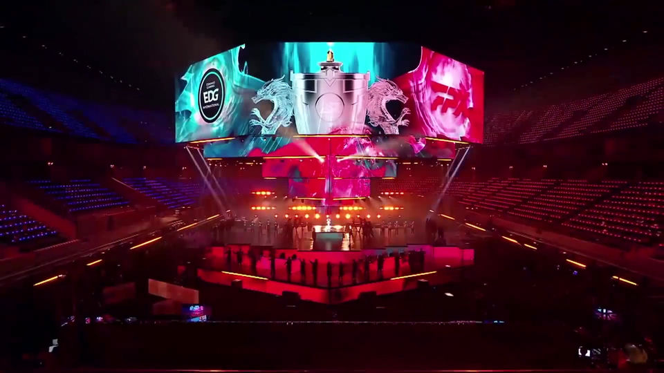 EDG esports arena stage with the Summoner's Cup and red lighting