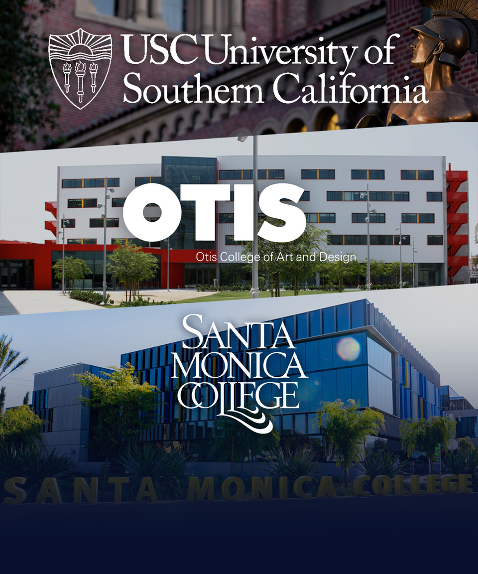 Composite of USC, Otis College of Art and Design, and Santa Monica College logos over campus photos