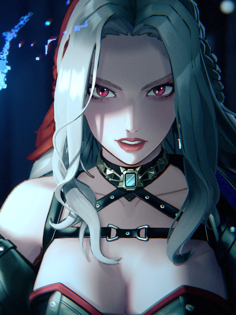 Digital illustration of a silver-haired character in armor harness