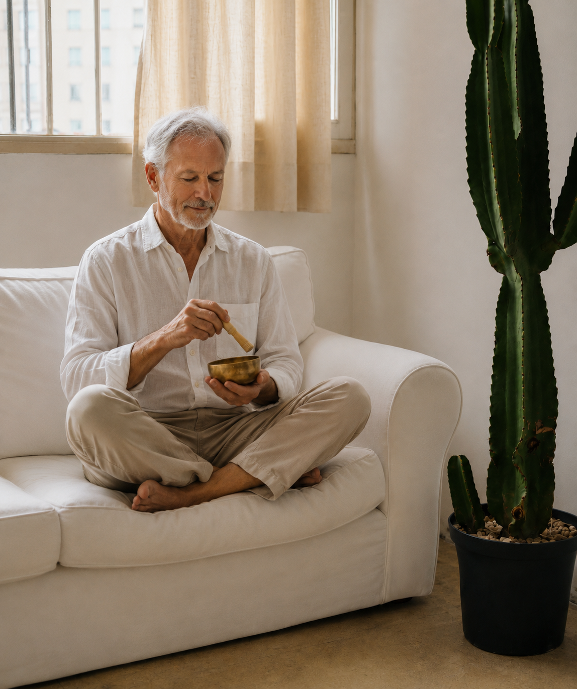 An older man sitting cross-legged on a sofa, holding a singing bowl in a serene mindfulness moment