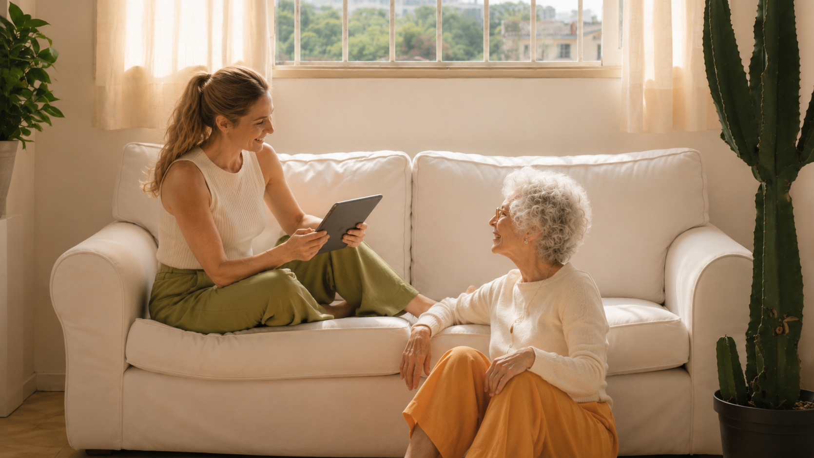 A younger woman with a tablet and an older woman conversing on a sofa in a coaching session