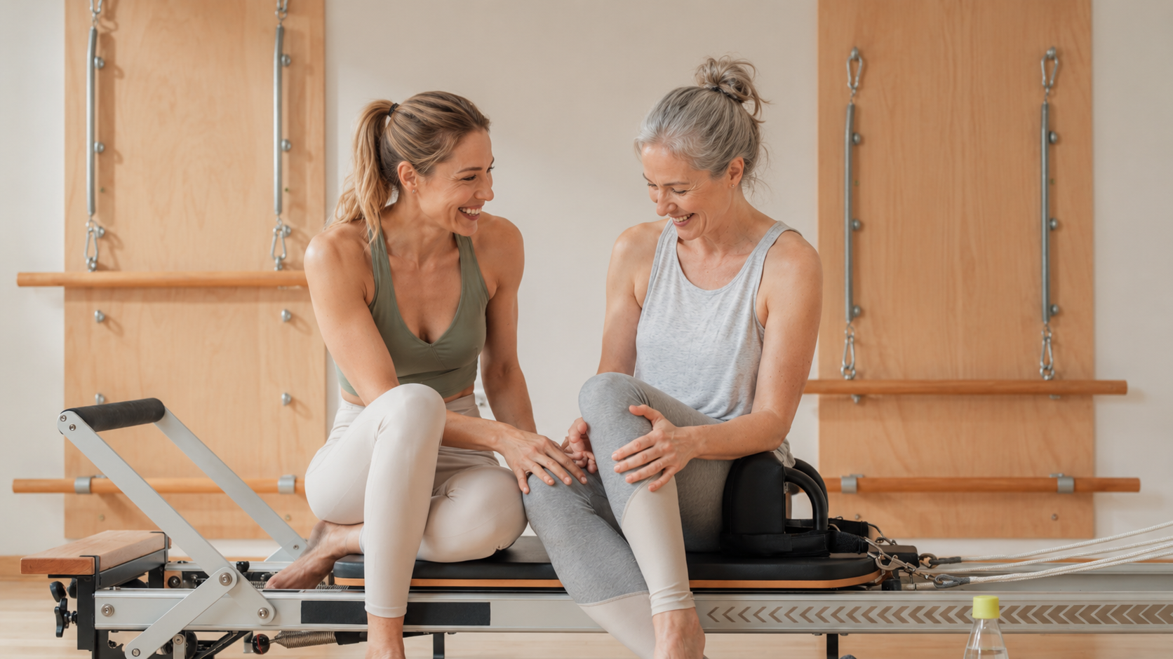 A fitness instructor and an older woman laughing together on a pilates reformer in a studio