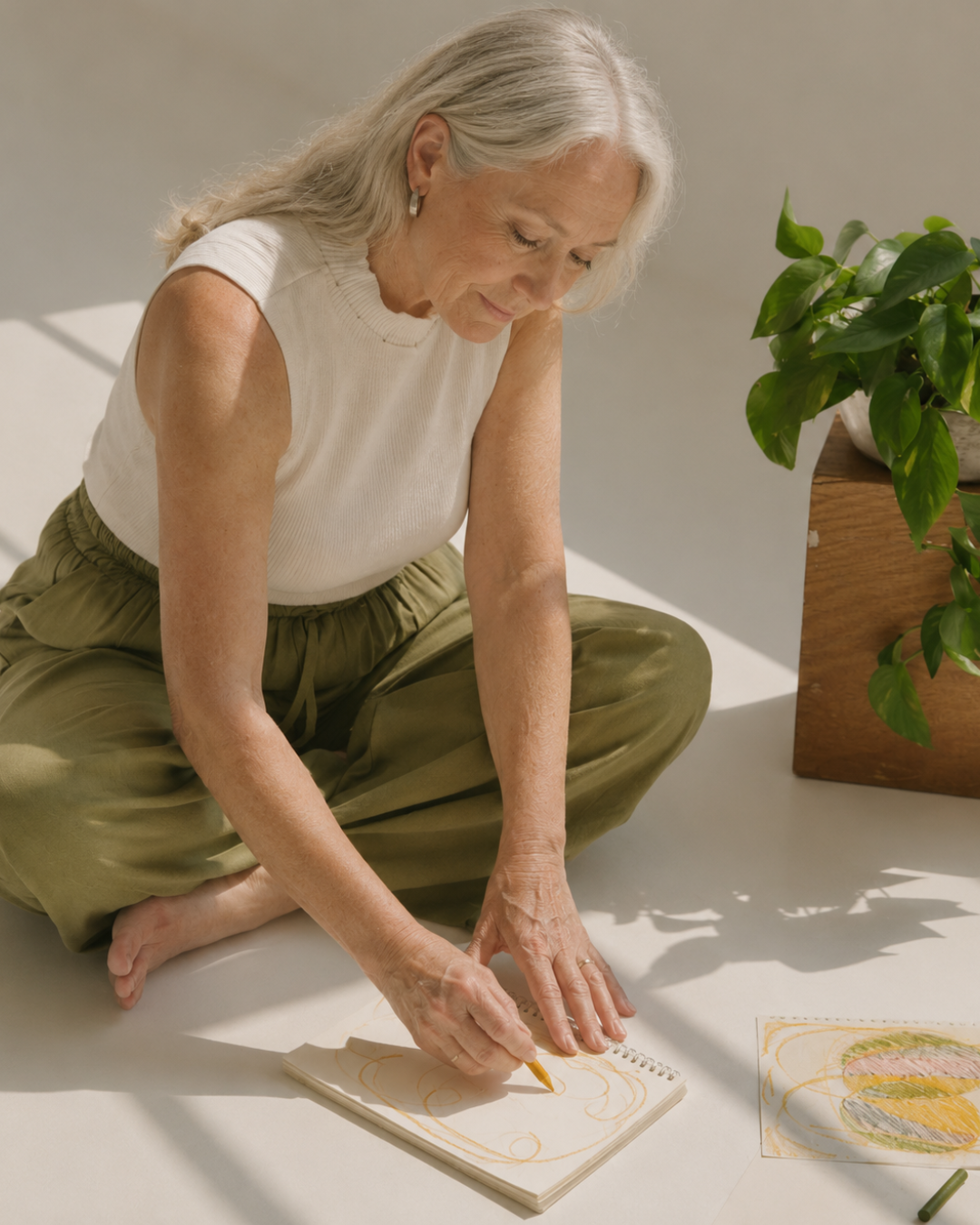 An older woman sitting cross-legged on the floor, sketching in a notebook beside a potted plant