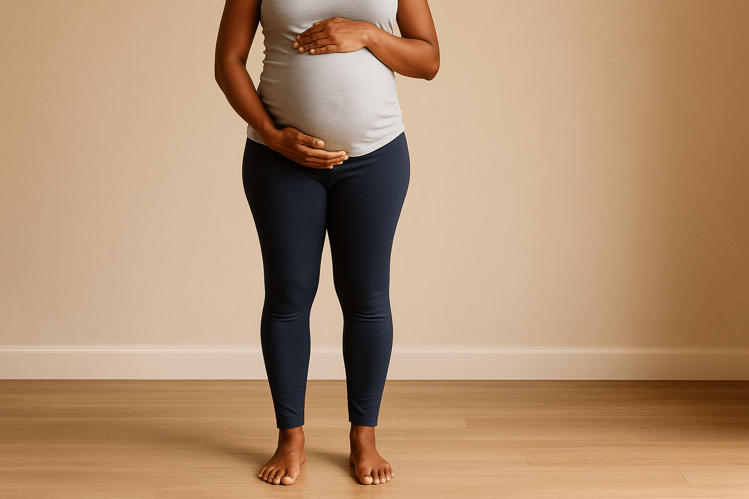 Pregnant woman standing barefoot holding her belly