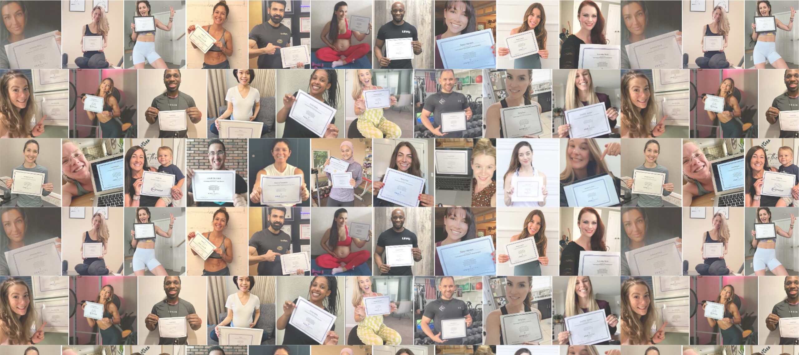 Mosaic of fitness professionals holding their ProNatal completion certificates