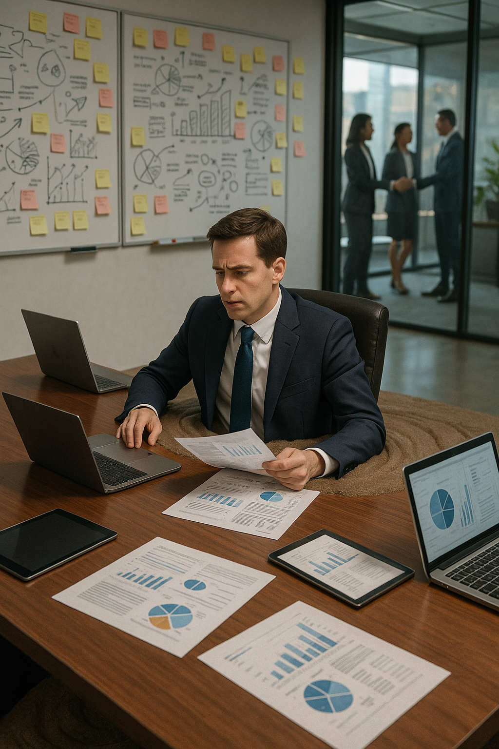 Businessman reviewing charts and reports at a desk