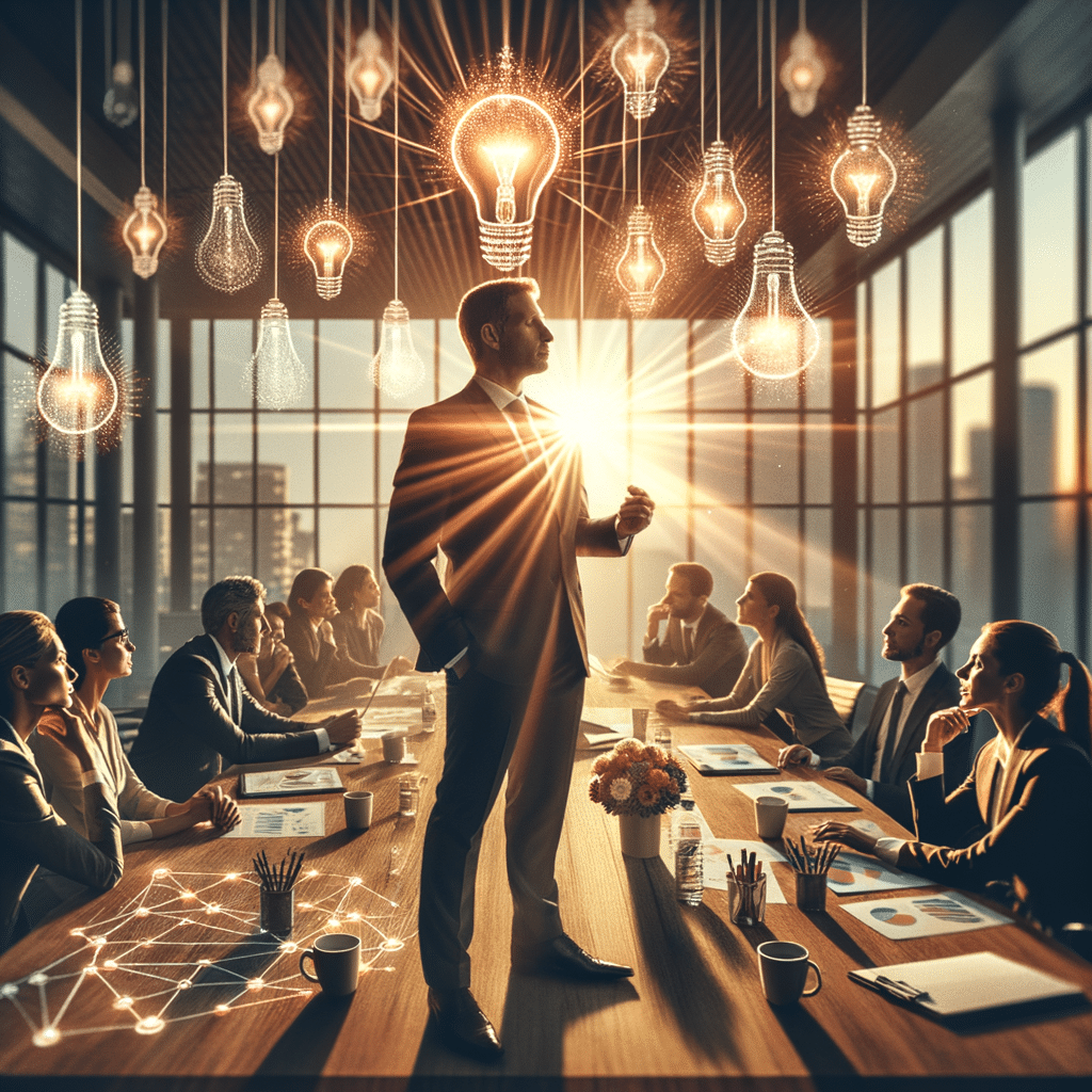 Business leader in a boardroom with glowing light bulbs overhead