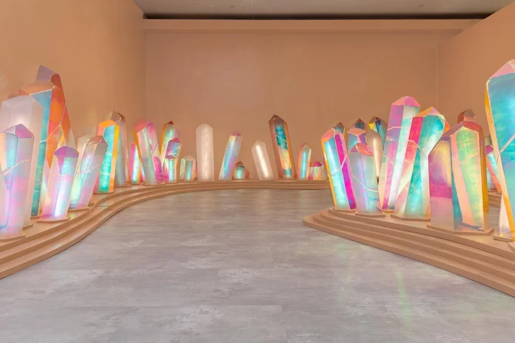 KKW Beauty retail interior with iridescent crystal installations