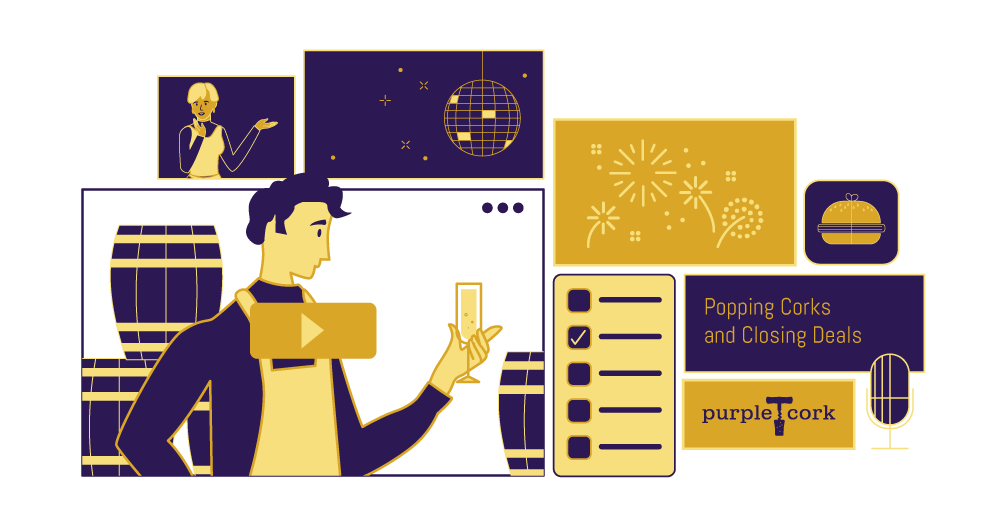 Illustration of virtual event variety with a sommelier, disco ball and microphone