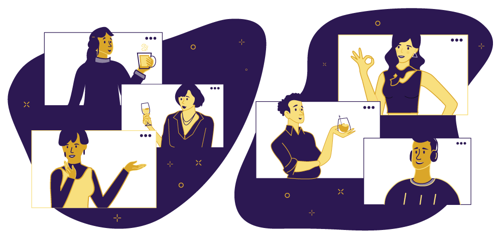 Illustration of virtual breakout rooms with participants holding drinks
